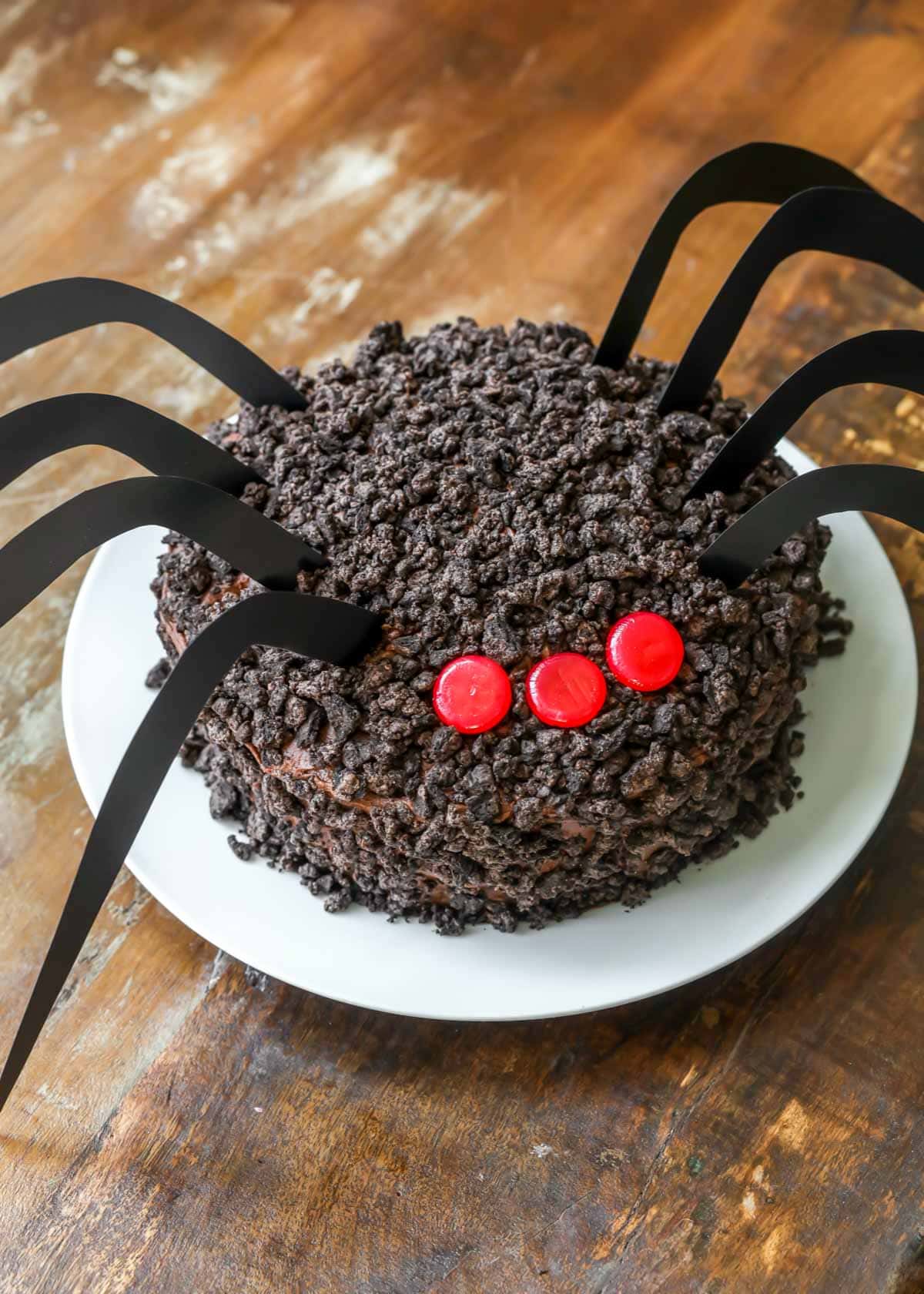 Chocolate Oreo spider cake on a white plate