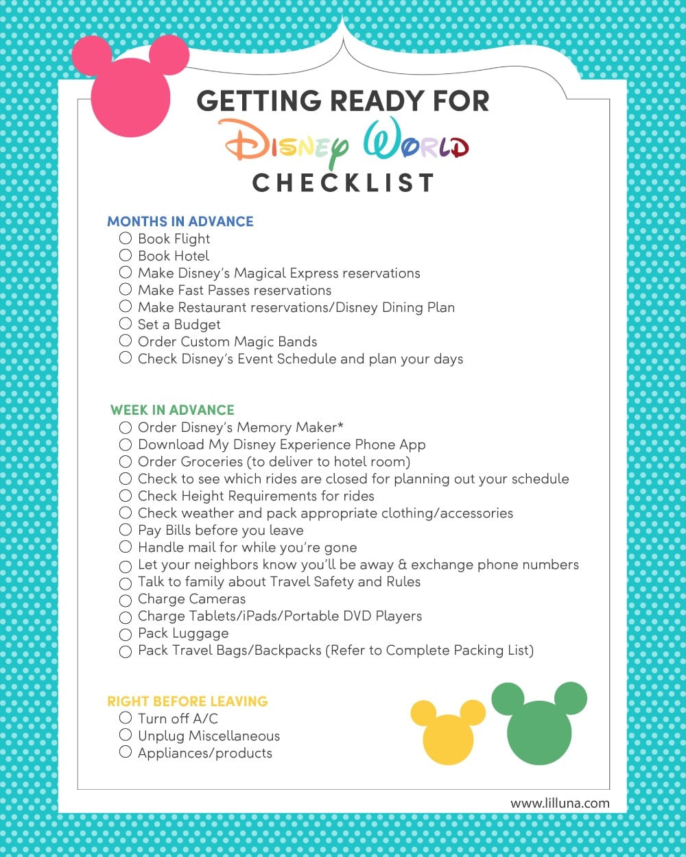 Getting ready for Disney World Checklist