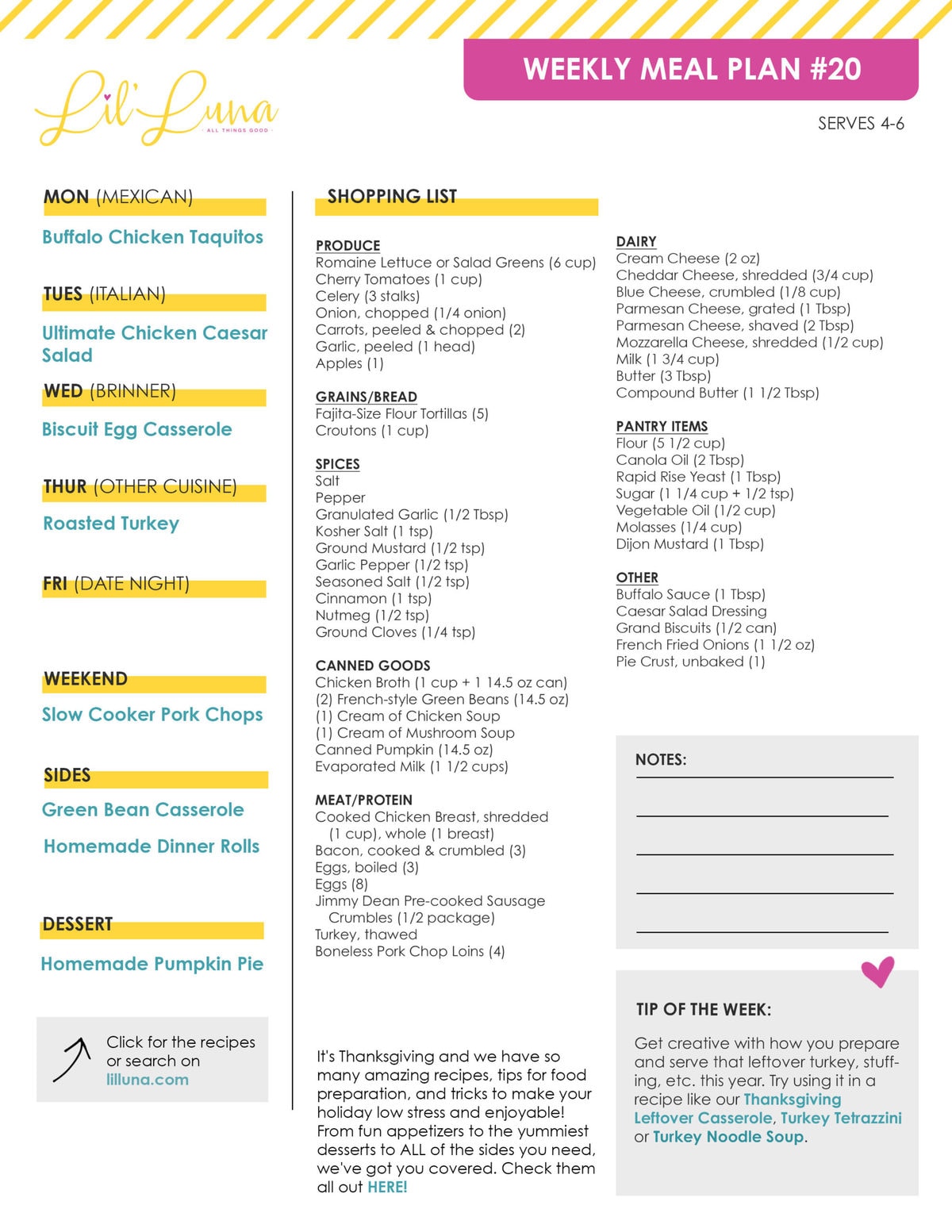 Free Meal Plan 20 {with printable grocery list}