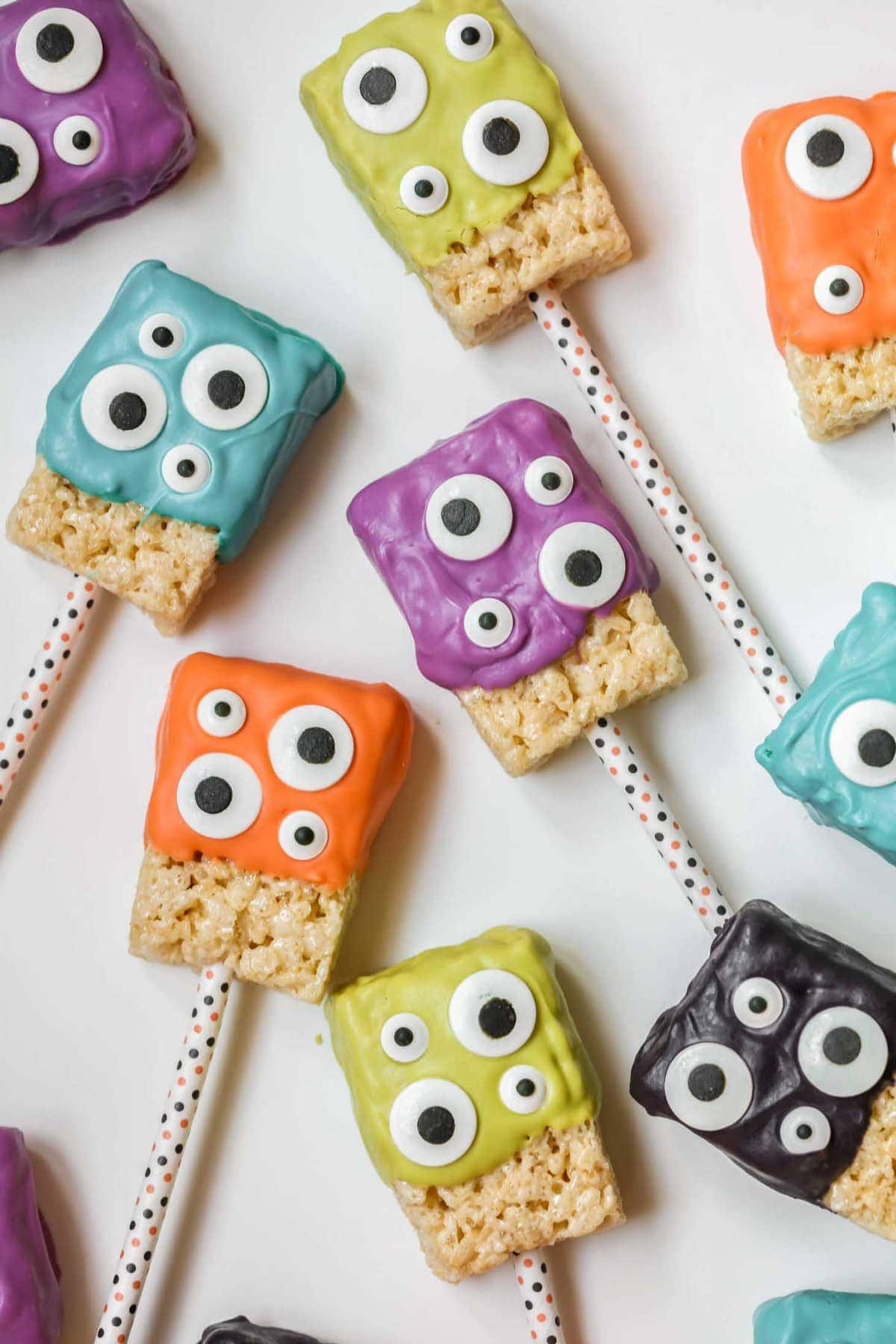 Candy coated rice krispies with monster eyes